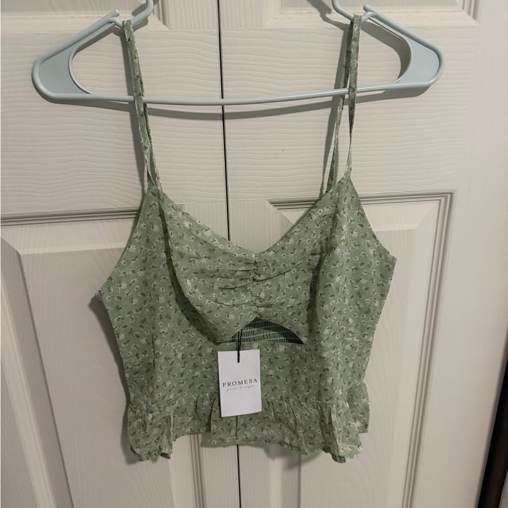 Promesa Light Green Floral Ruffled Cami